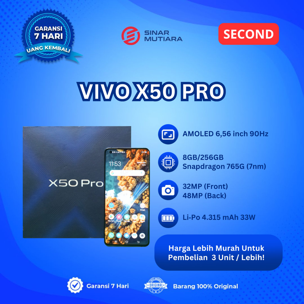 VIVO X50 PRO 8/256 GB HP SECOND ORIGINAL SINAR MUTIARA CELL