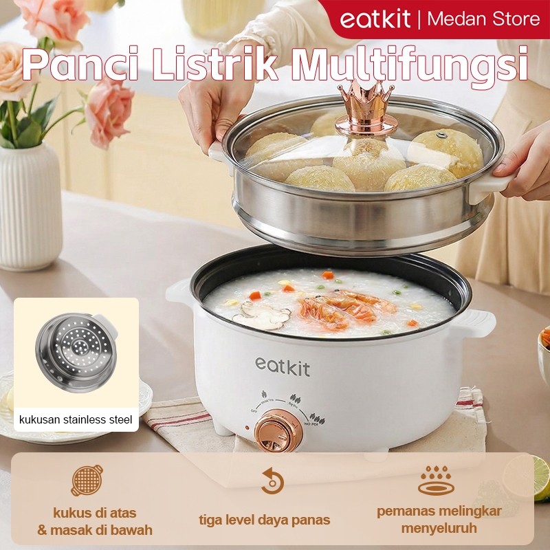 [Medan Ready Stock] Eatkit Panci Listrik 2L Anti Lengket Kukusan Stainless Fry Pan Elektrik Low Watt