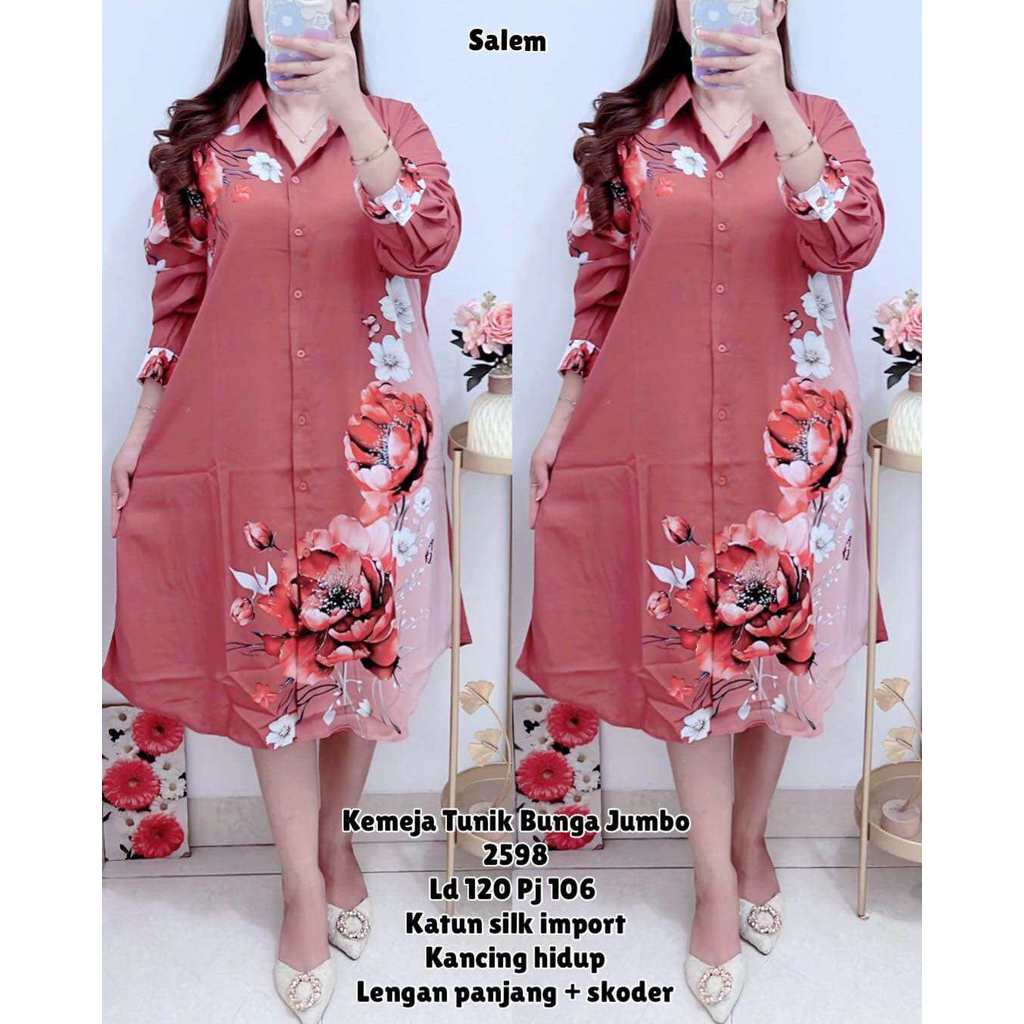 2598 KEMEJA TUNIK BUNGA JUMBO LD120 KATUN SILK WANITA|TUNIK SILK|TUNIK LD120|TUNIK MOTIF BUNGA