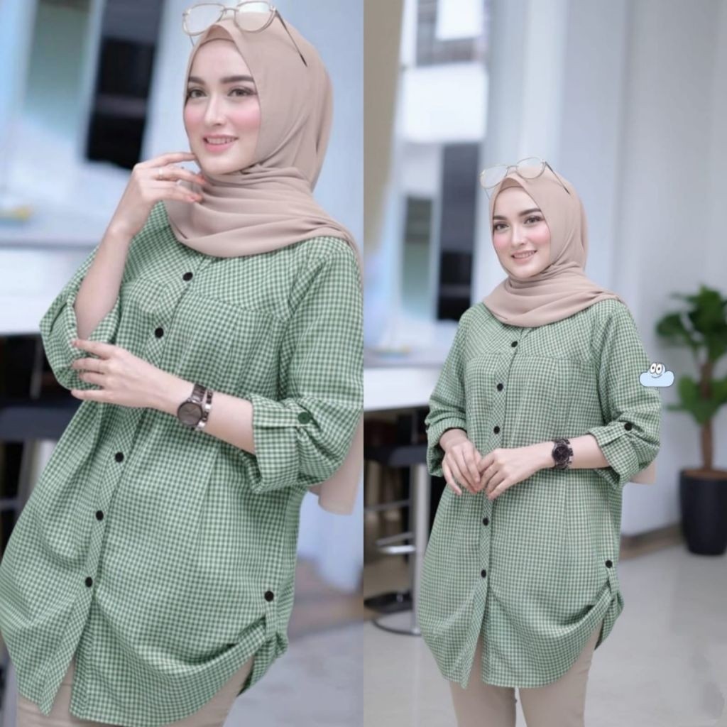 TUNIK KEMEJA/KEMEJA KOTAK/FASHION WANITA /ATASAN WANITA DINDA BABYDOLL XL