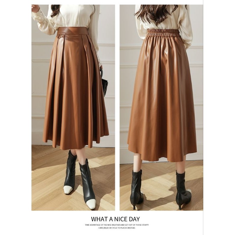 BUPESHOP Rok kulit casual /leather skirt midi umbrella/pinggang karet/leather skirt/rok kulit wanita