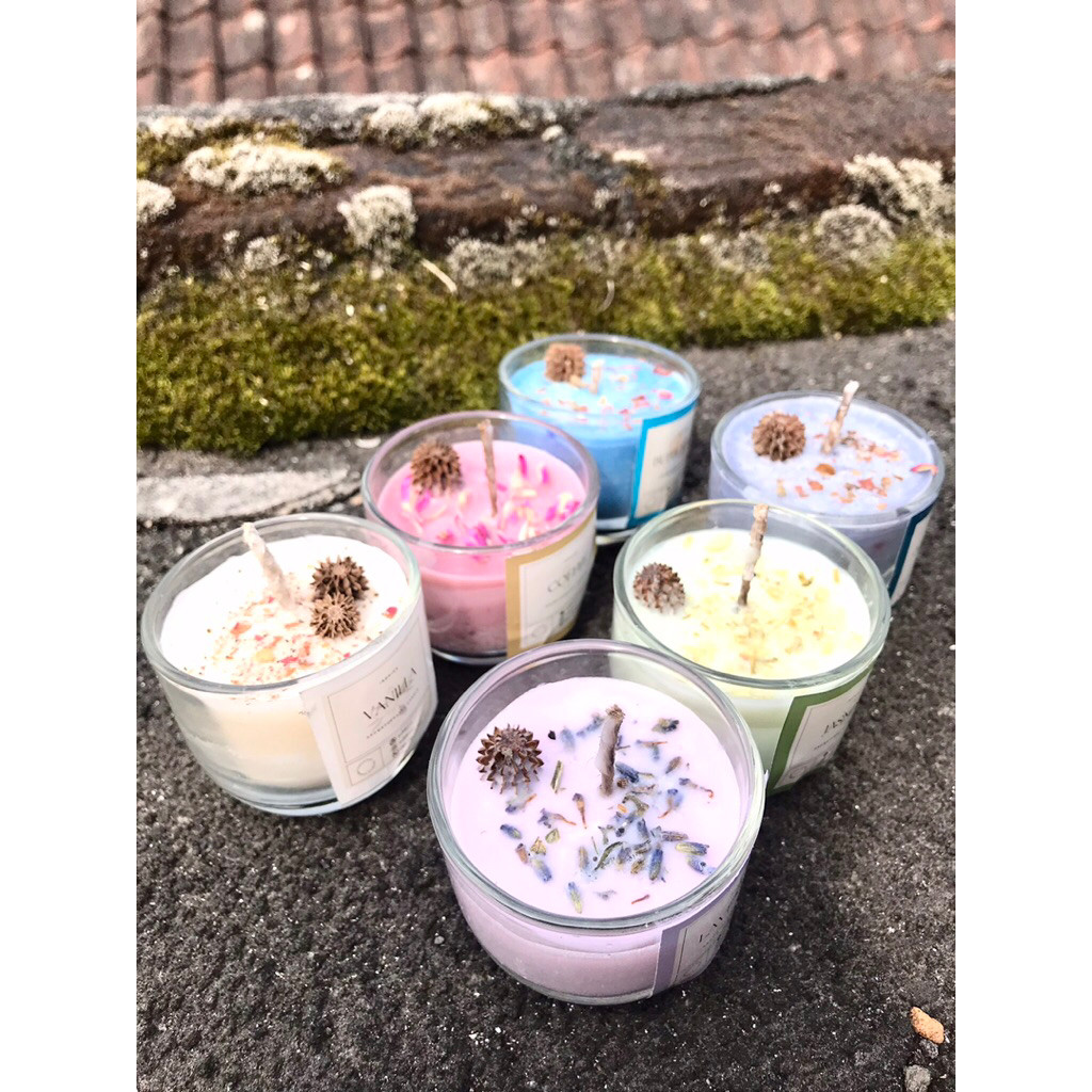 Paket Lilin Gelas Cemara & Box + Pita | Sovenir | Lilin Aromaterapi