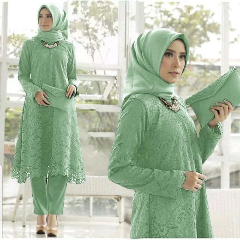 ASMARA Dyllon Fashion-Marianne Setelan Kondangan Brokat - Atasan Tunik Brokat + Celana panjang -Size