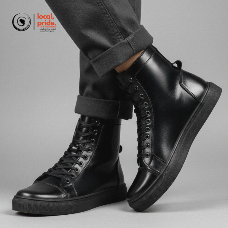 GREATA KHAFRA FULL BLACK Sepatu Boots Sneaker Kulit Asli Pria