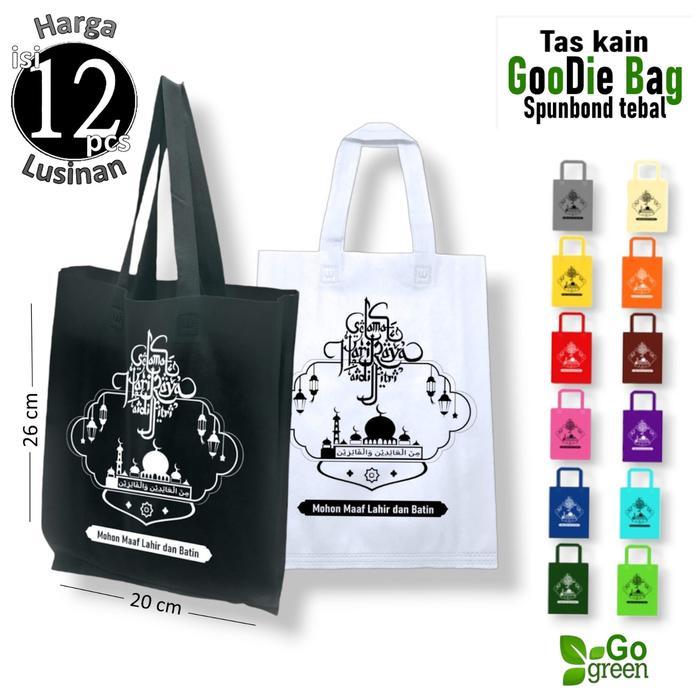 1 Lusinan isi 12 Tas KAIN Spunbond Goodie bag Tulisan Selamat Hari Raya Lebaran Idul Fitri 2025 Ukur