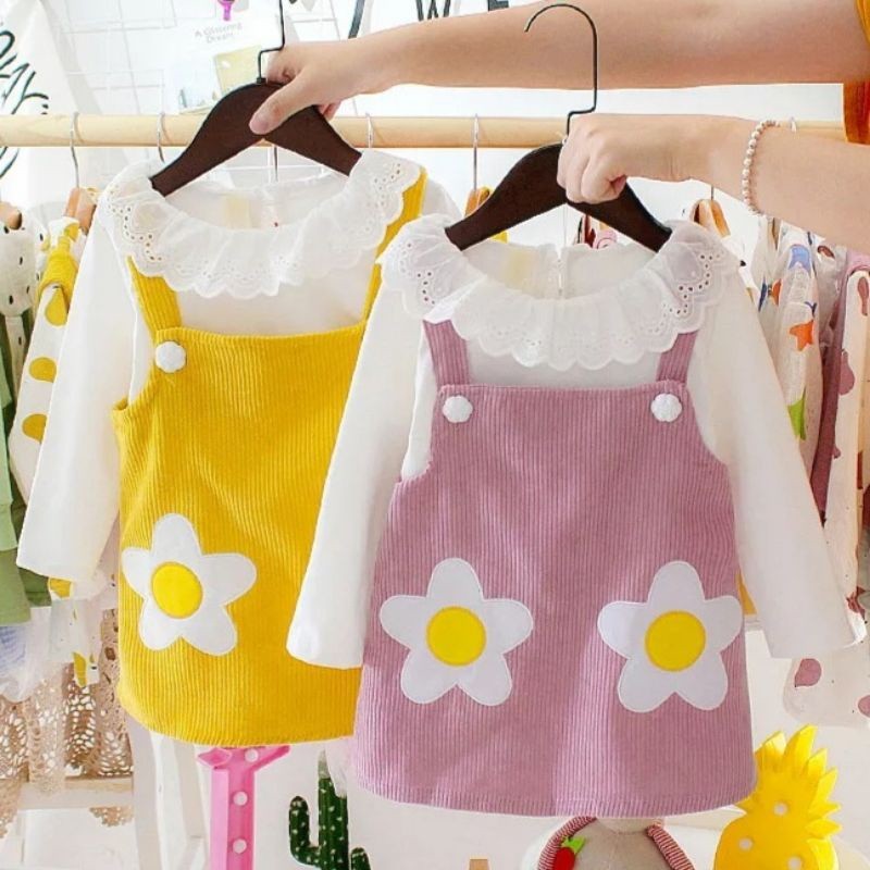 DISKON  Dress bunga overall set telur monyet anak import kuning pink kaos putih kerah renda lengan p