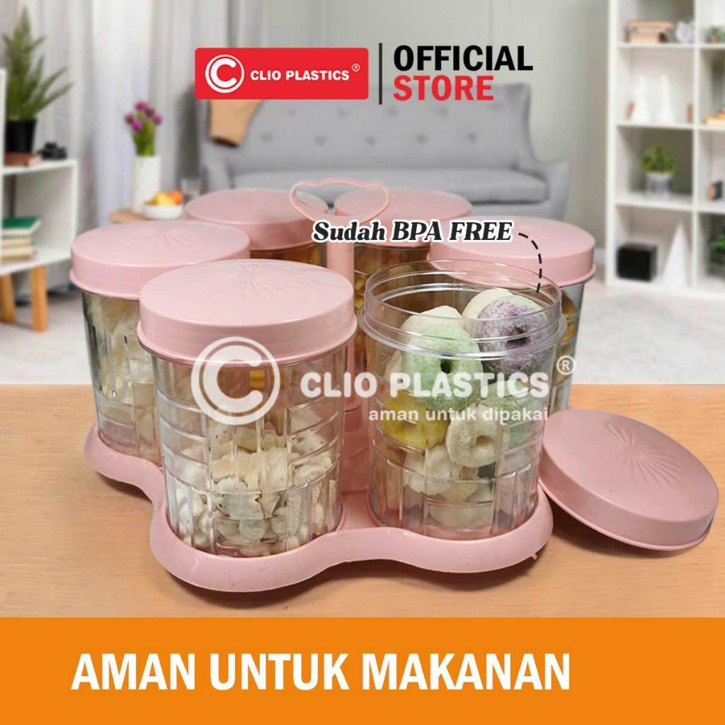 Toples Garasu Set 6 Rotary - Toples Nampan Bening Lebaran - Toples Putar Bening - Toples Kue Kering 