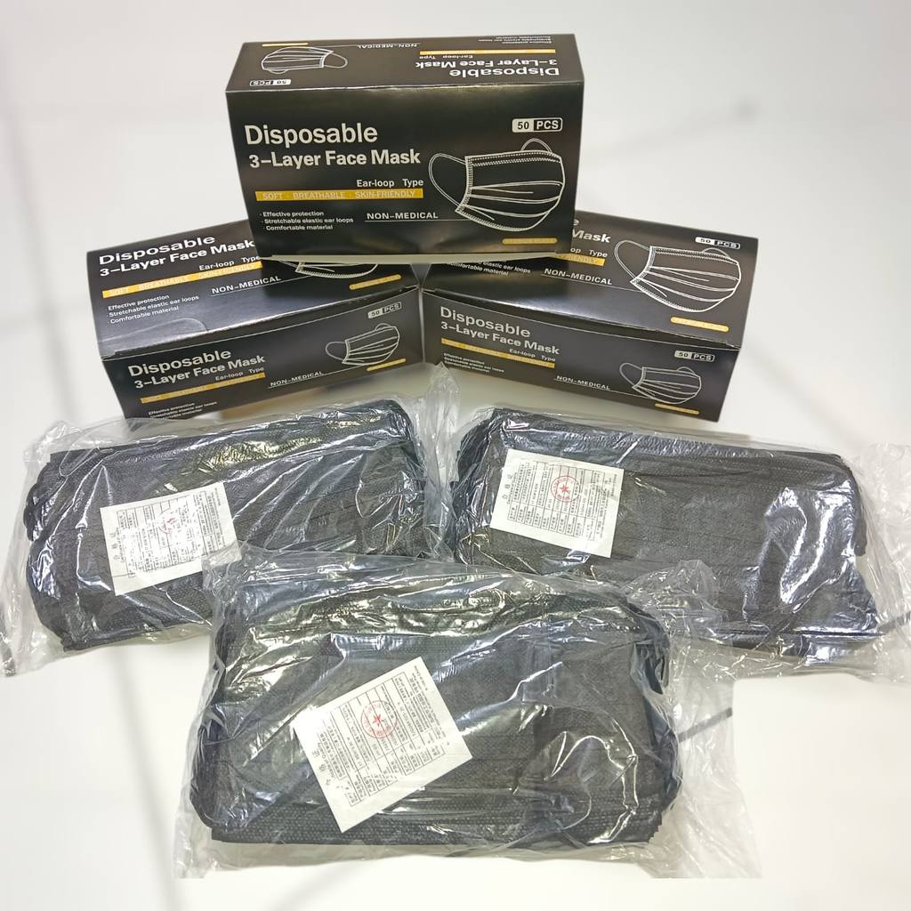 Emeral_Masker hitam masker 3ply warna hitam masker earloop 3ply tebal warna hitam