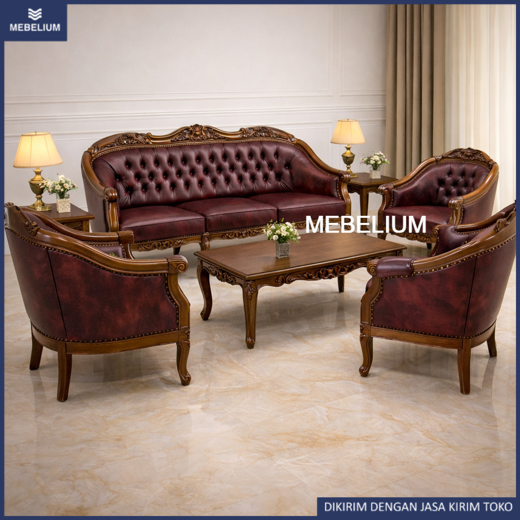 Sofa Jati Lois Set 3+1+1+1 + Meja | Kursi Tamu Kayu Jati Klasik