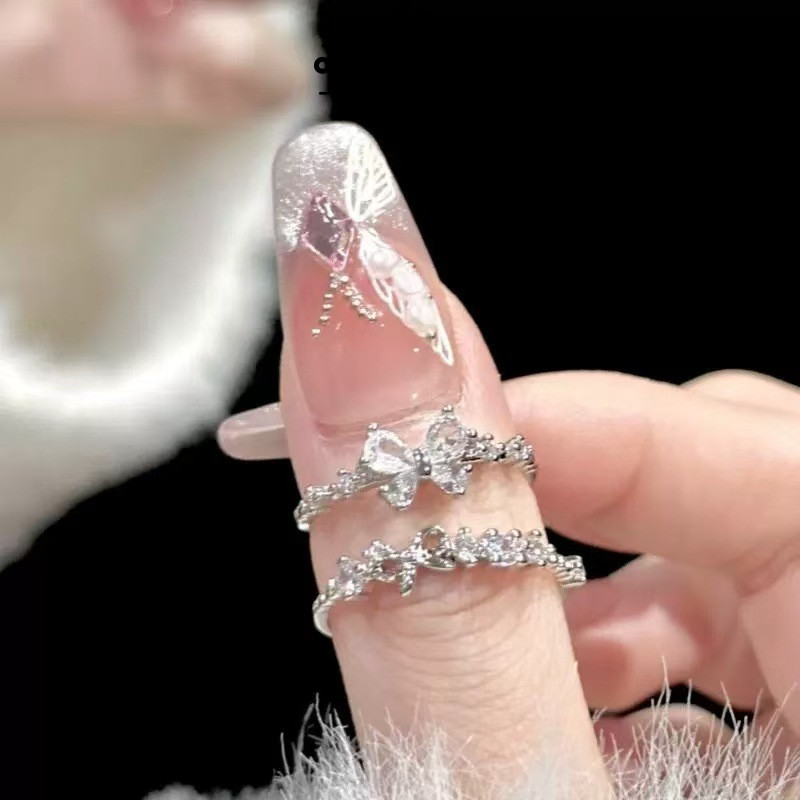 COD 2Pcs/Set Cincin Zirkon Kupu-kupu Terbuka Cincin Busur Korea Cincin Jari Telunjuk Aksesoris-Cl