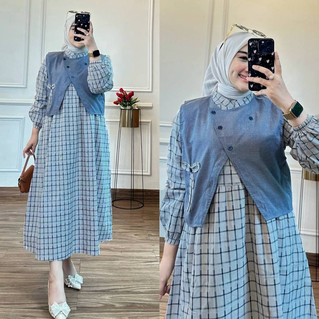  Gamis Midi Dress Viral Outer Lepas Pasang Motif Kotak Kekinian Busui Modern LD 110 Jumbo | Tartan