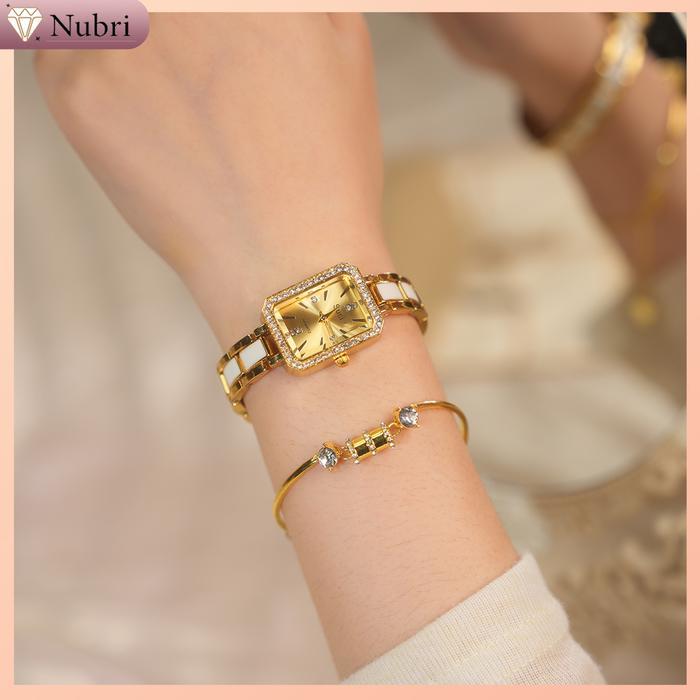 Nubri COD Warna Emas Jam Tangan Wanita Berkilauan Rantai Wanita Set Gelang Anggun Original Tali Jam 