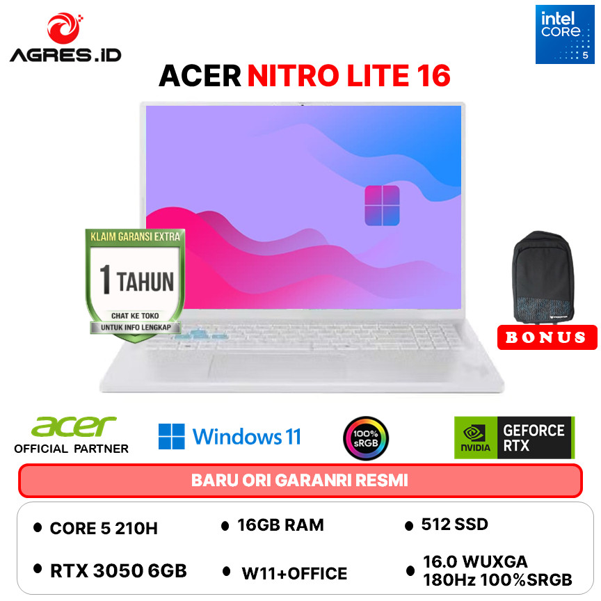 ACER NITRO LITE 16 INTEL CORE 5 210H RTX3050 6GB - RAM 16GB 512GB W11+OHS 16.0WUXGA 180HZ 100SRGB