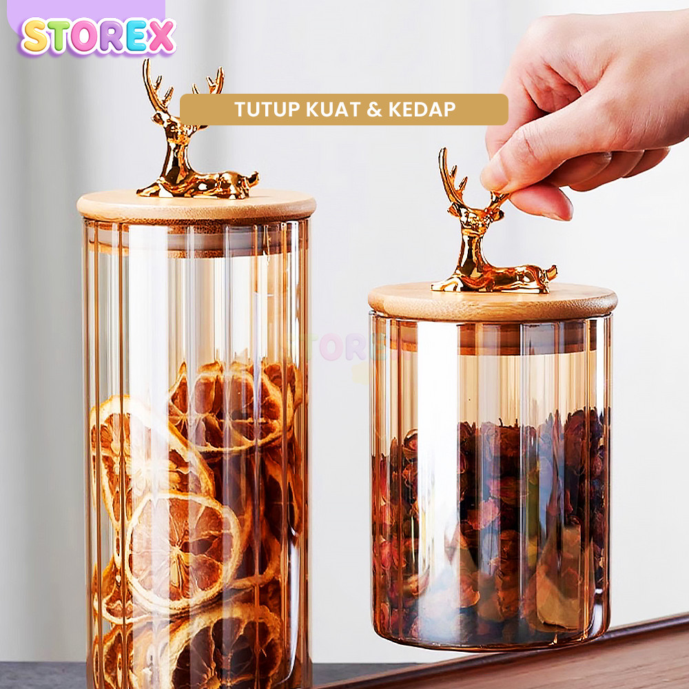 Storex Toples Kue Toples Kaca 1 Set Kedap Udara Isi 4 Pcs Ornamen Rusa Gold Serbaguna Toples Lebaran