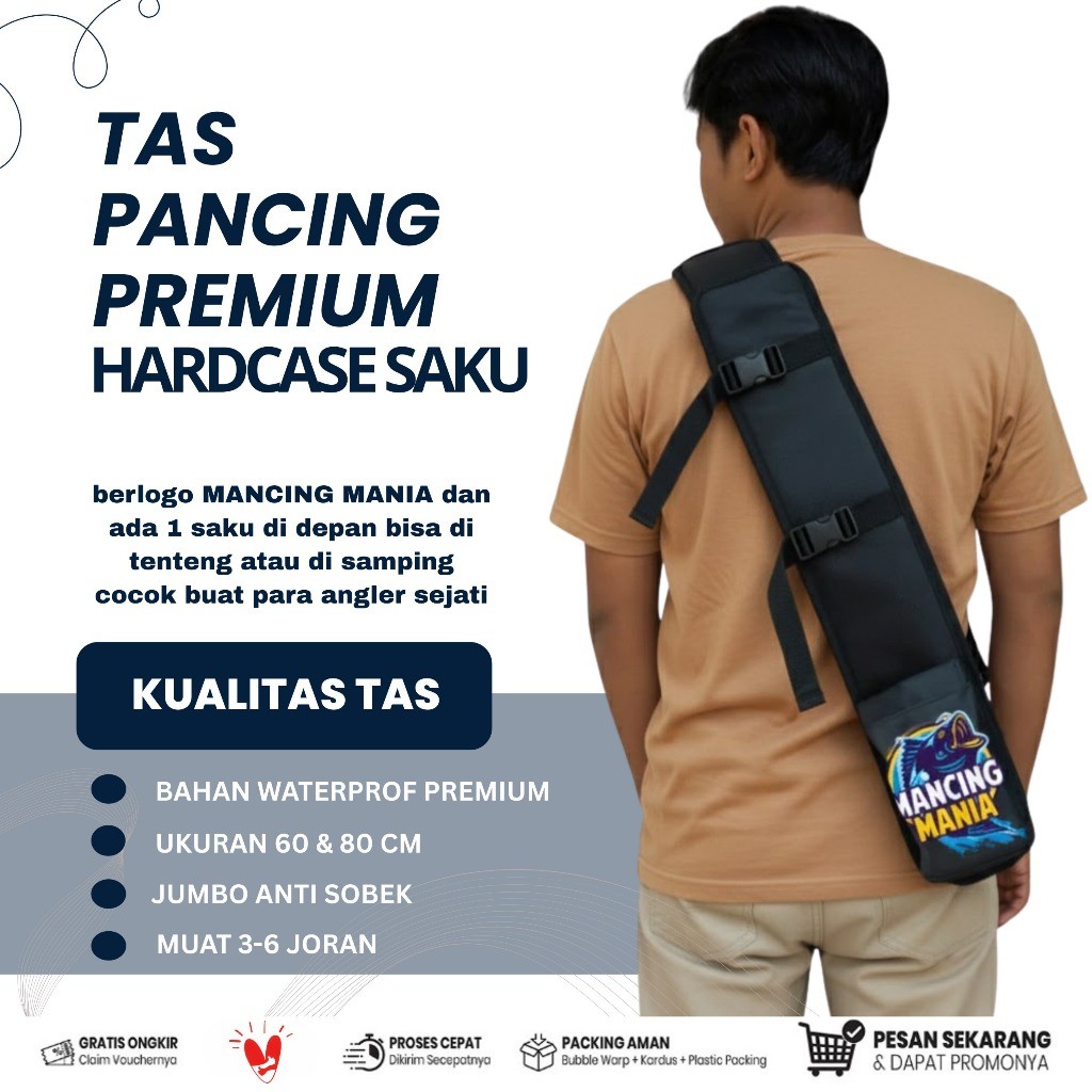 Tas Mancing Waterproof Bahan Tebal – Ransel Gendong 60cm - 80cm untuk Joran & Alat Pancing