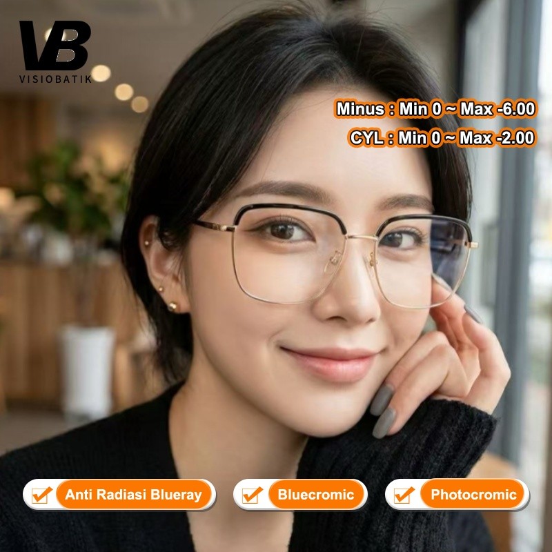 VisioBatik Kacamata Minus Wanita Photocromic Anti Radiasi Blueray Bingkai Besar Besi Frame Fotocromi