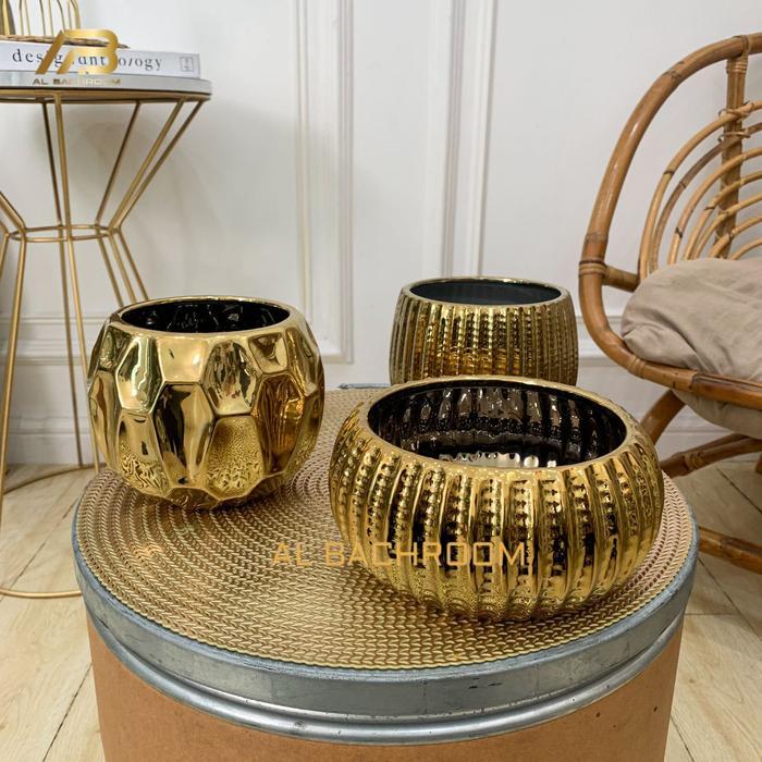 Promo VAS BUNGA HIAS GOLD GERIGI KERAMIK VAS BUNGA AESTHETIC RUANG TAMU RUMAH P073 - VAS GERIGI TING