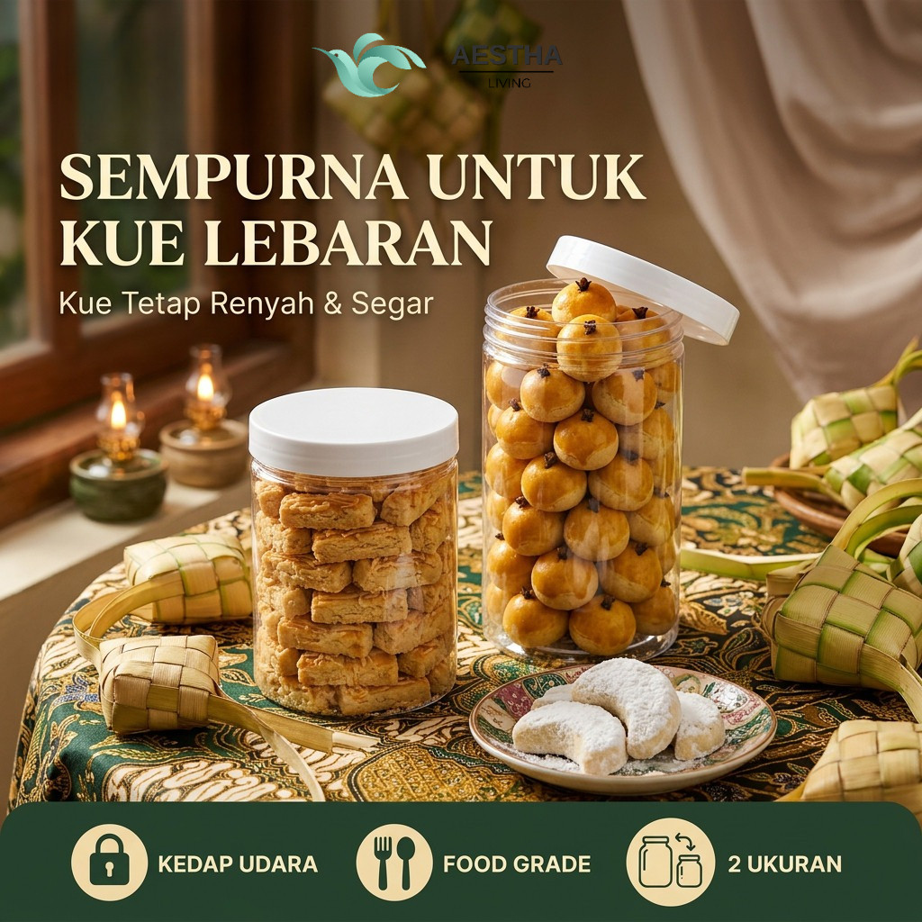 Isi 6 Toples Plastik Kue Kering Lebaran Tabung Bening 650ml 900ml Tutup Ulir Kedap Udara Aestha