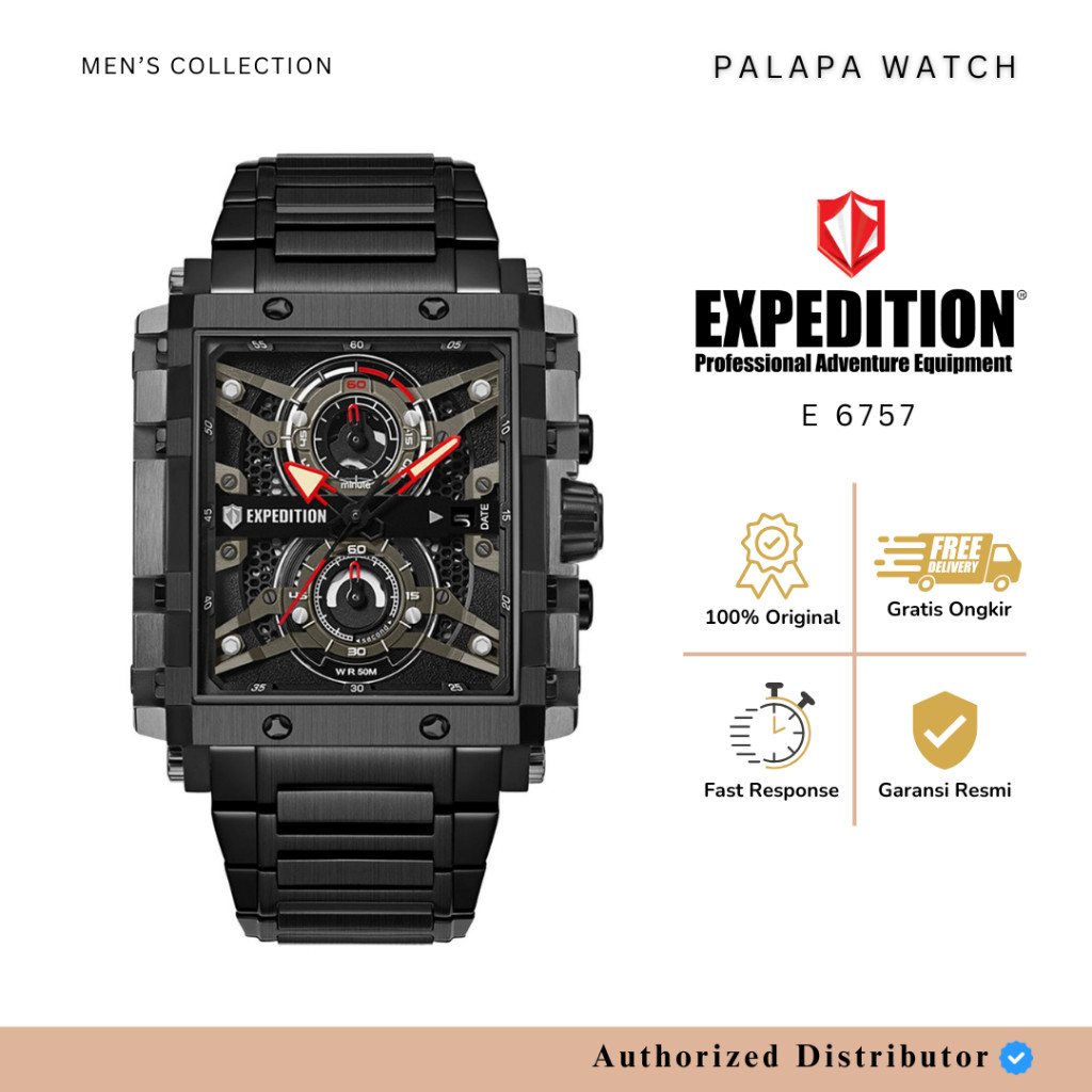 Jam Tangan Pria Expedition EXP 6757 / exp6757 / 6757 Full Black Rantai Chronograph Original