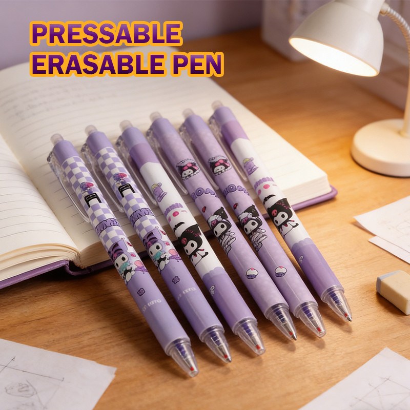 6pcs pulpen bisa dihapus 1 pack Tampilan Instagram kelas atas, gaya kartun Pulpen Penghapus Kuromi L