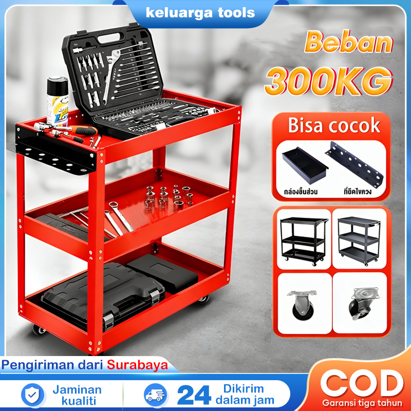 Reaim Troli Bengkel Rak 3 Susun Trolly Trolley bantalan 300kg Kotak Peralatan Rak Alat Perkakas Trol