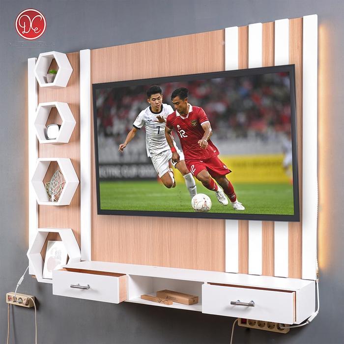 Dections Backdrop TV Dinding 160x120cm Model 2 Laci dan Rak Hexagonal Minimalis Nordic Kayu Plywood 
