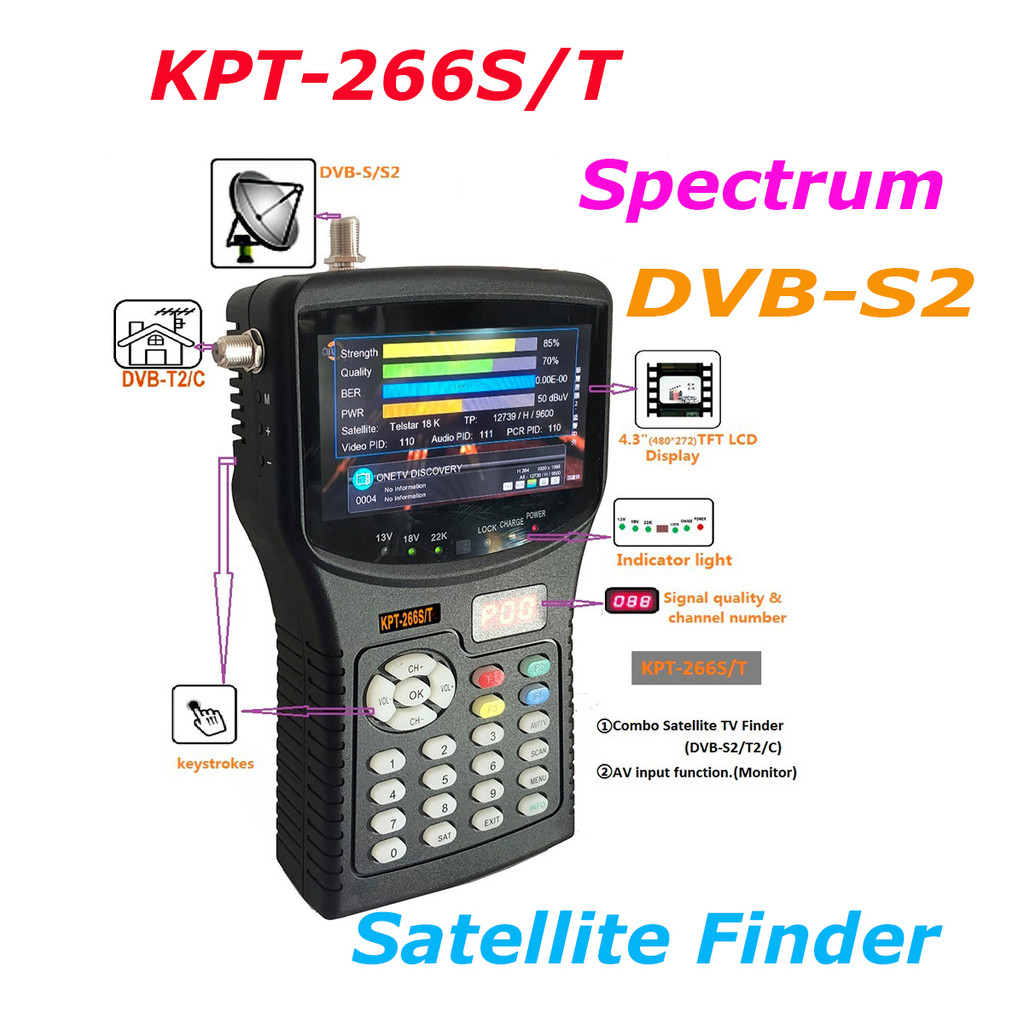 DVB-S2 DVB-T2 Combo Satellite Finder Meter Spectrum Analysis KPT- 266ST Signal Test Satellite Receiv
