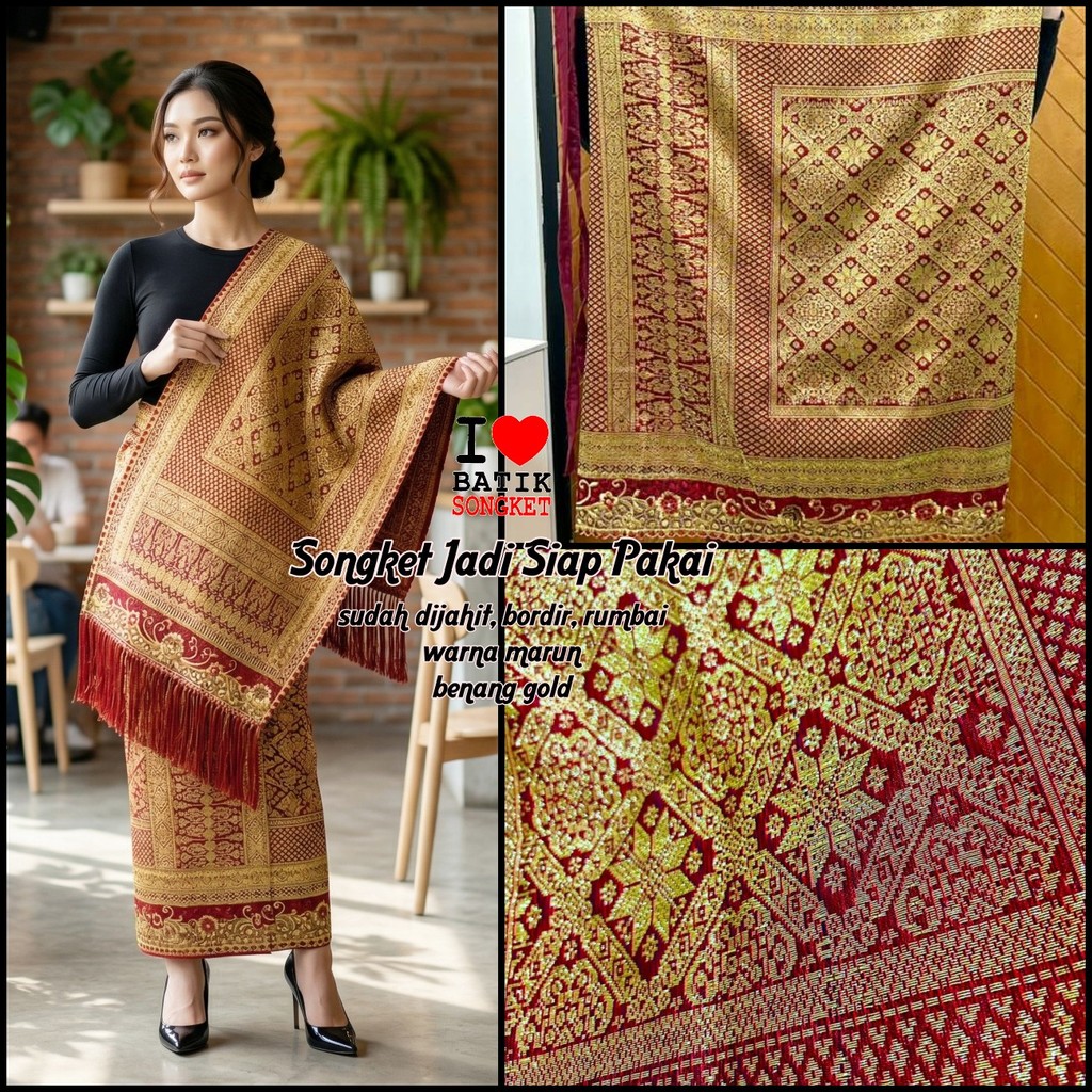 SONGKET JADI BORDIR MOTIF 1 SIAP PAKAI SUTRA PALEMBANG BENANG KRISTAL EMAS PENGANTIN MERAH MARUN PEN