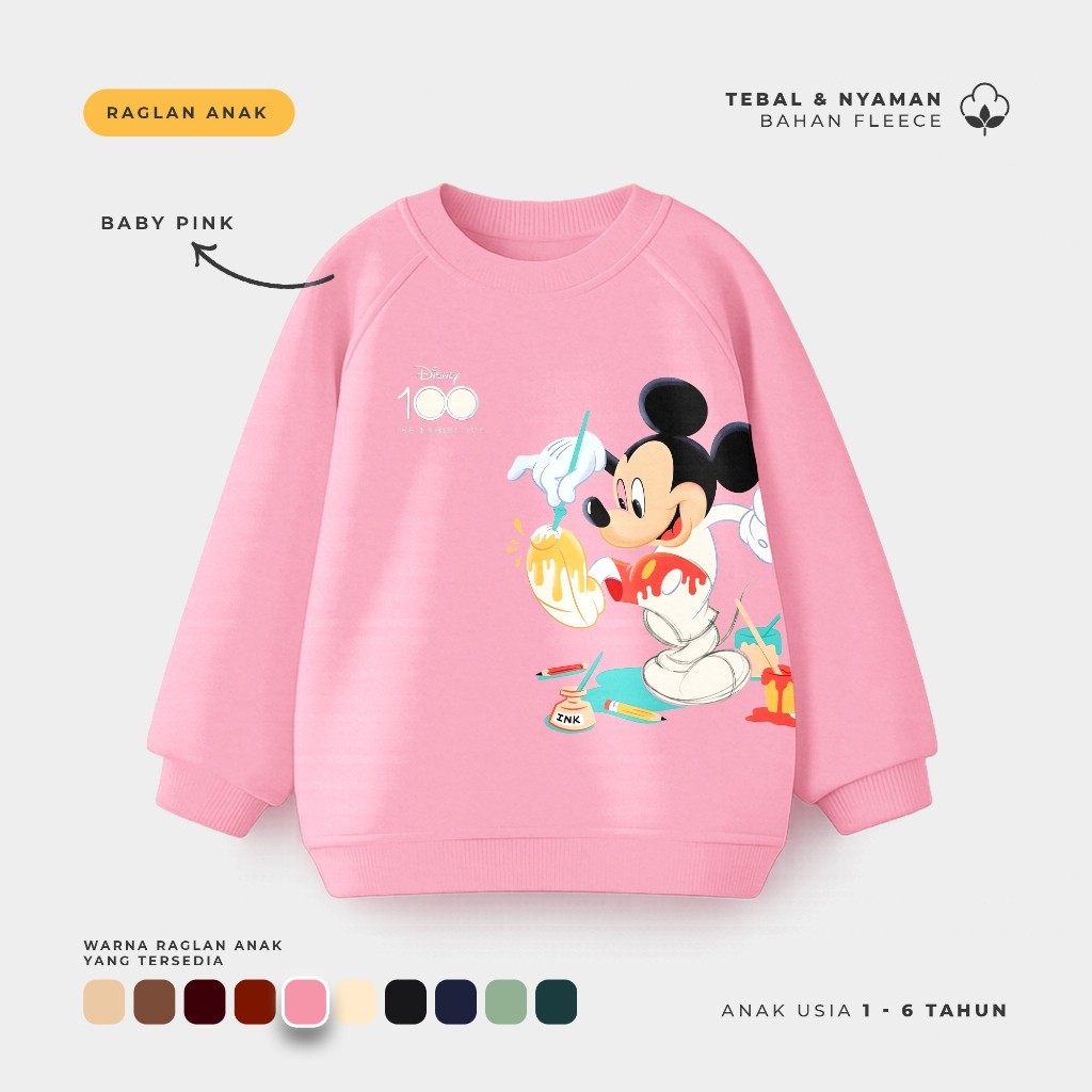 Sweater Anak Crewneck Oversize Anak Model Raglan Disney 100th Aniversary Usia 1-6thn Kids Fashion Ho