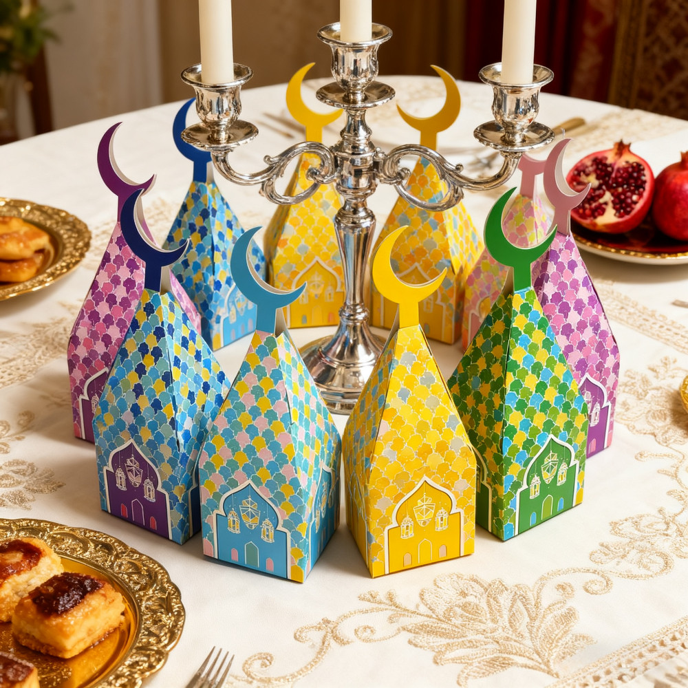 6/12/24 Pieces Eid Gift Box Castle Shaped Paper Candy Cookie Packaging Bags for Muslim Islamic Eid D