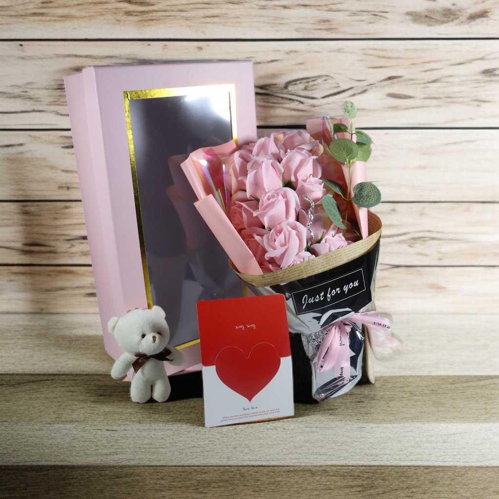 Buket Bunga Sabun Mawar Boneka LED Soap Rose Valentine Gift, Hadiah Romantis Kado Ultah Unik Wangi A