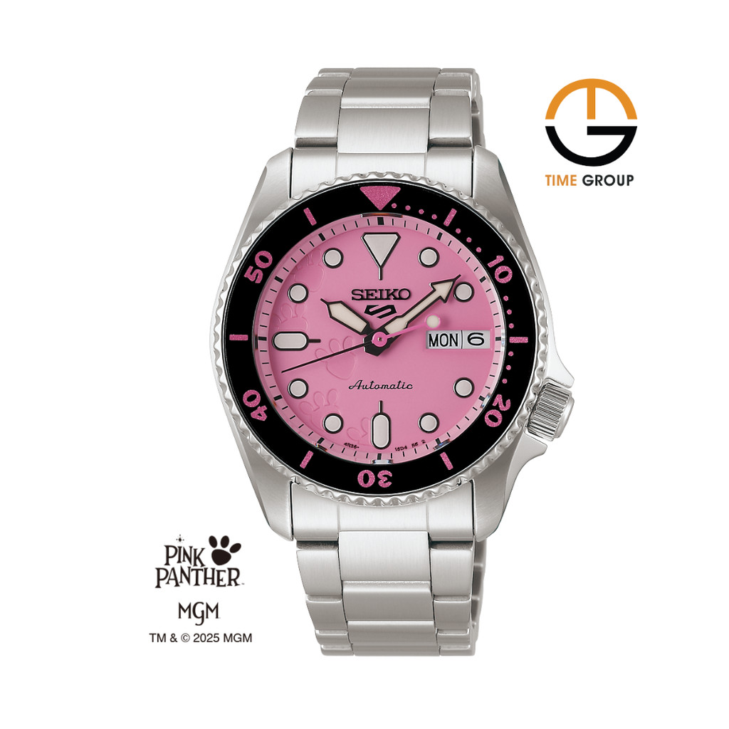 JAM TANGAN WANITA SEIKO 5 SPORTS PINK PANTHER SRPM07K1 PINK DIAL STAINLESS STRAP LIMITED EDITION WIT