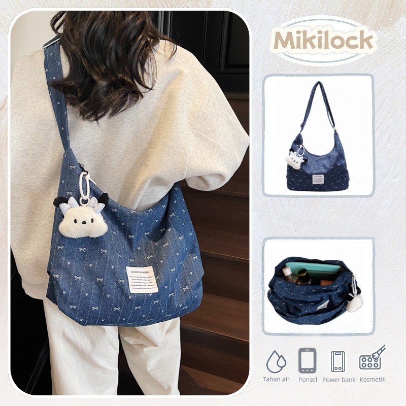 Mikilock Tas kanvas denim manis Tas jinjing dasi kupu-kupu gaya Korea Tas selempang santai Tas komut