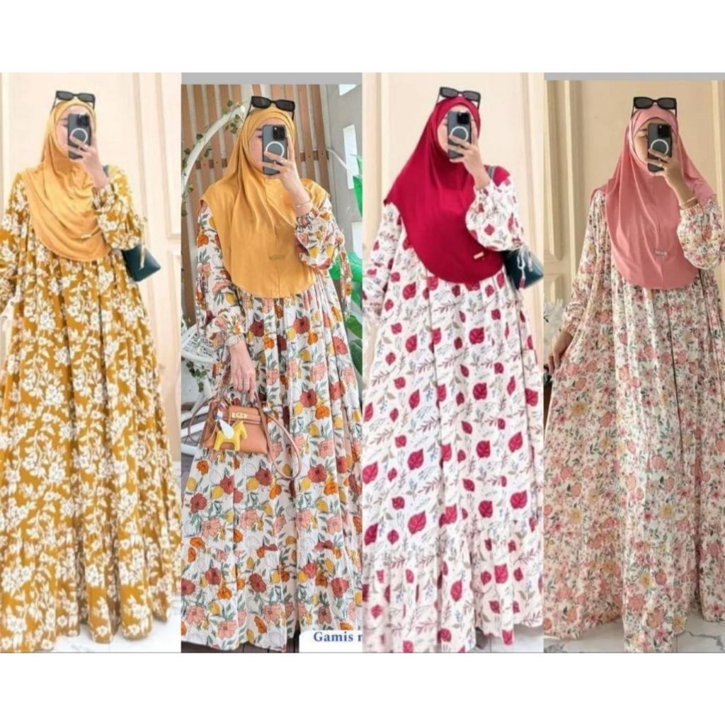 Set Hijab Bergo Naomi Gamis Rayon Wanita Jumbo Motif Terbaru Free Hijab Bergo