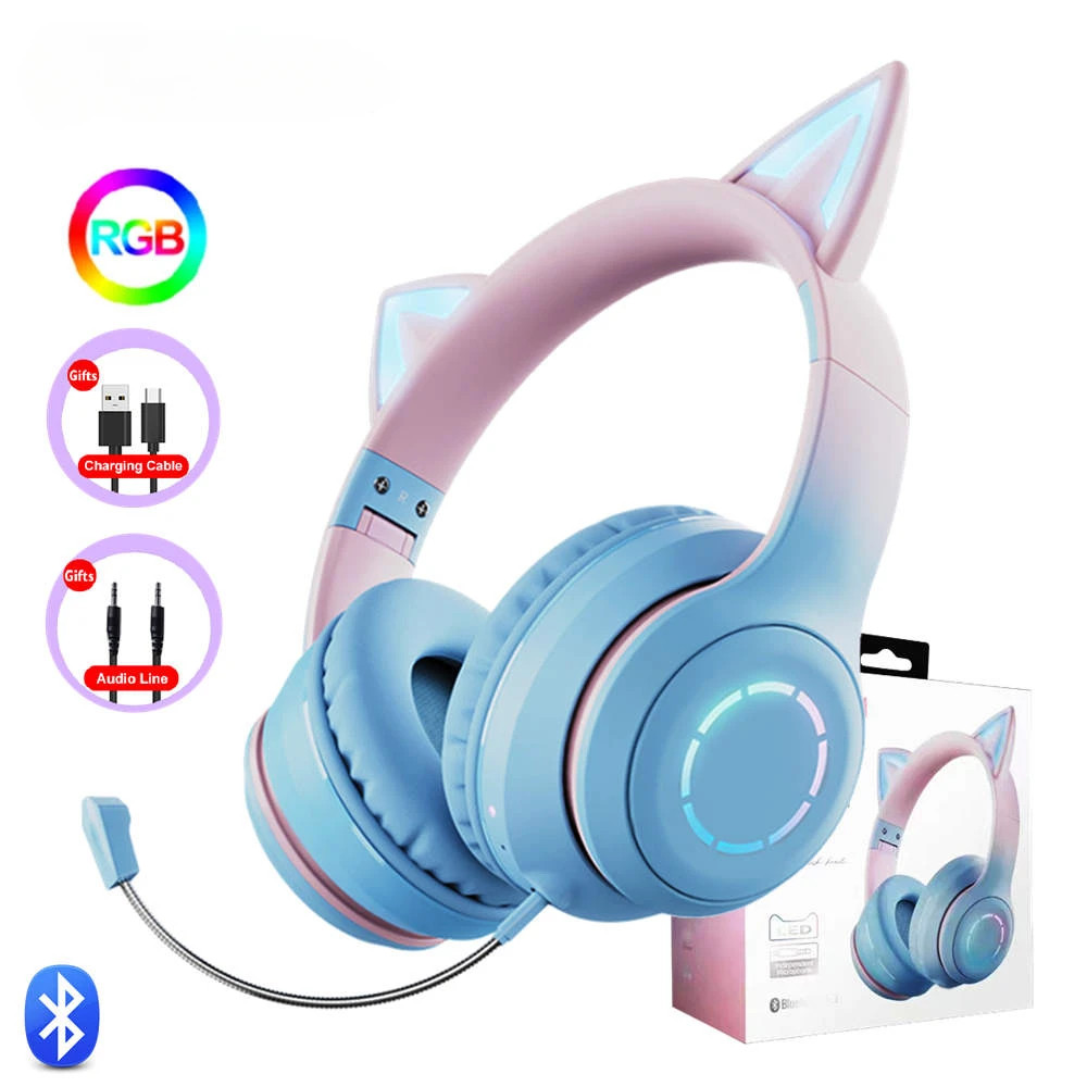 RGB Headset Gamer Girl Wireless Headphones Bluetooth Earphone With Microphone Cat Ear Gaming Earphon