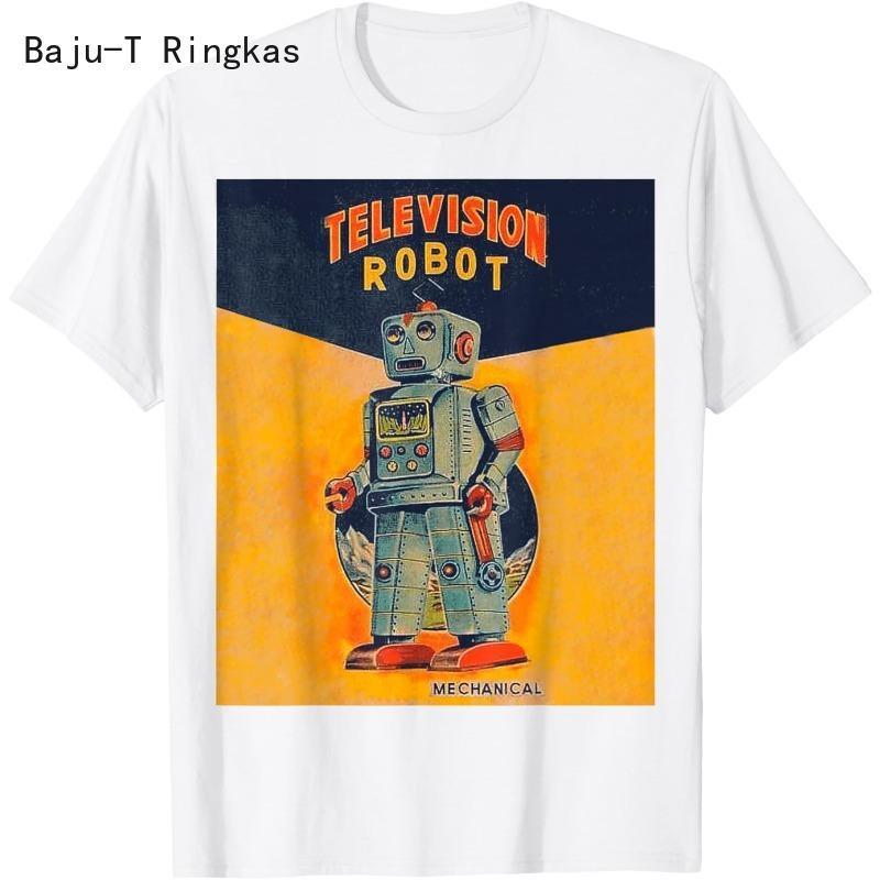 Hidupkan Memori Mainan Zaman Kanak-Kanak. Baju T Shirt Lelaki Bergrafik Robot dan Televisyen Retro A