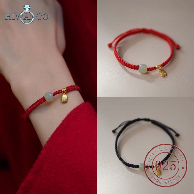 HIWANGO Gelang Emas 18K Baru Hetian Jade Tali Merah Dikepang Hadiah Ulang Tahun Pasangan