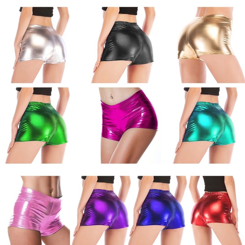 Womens Glitter Metallic PU Leather Booty Shorts Elastic Waist Solid Color Hotpants with Tight Fit Sh