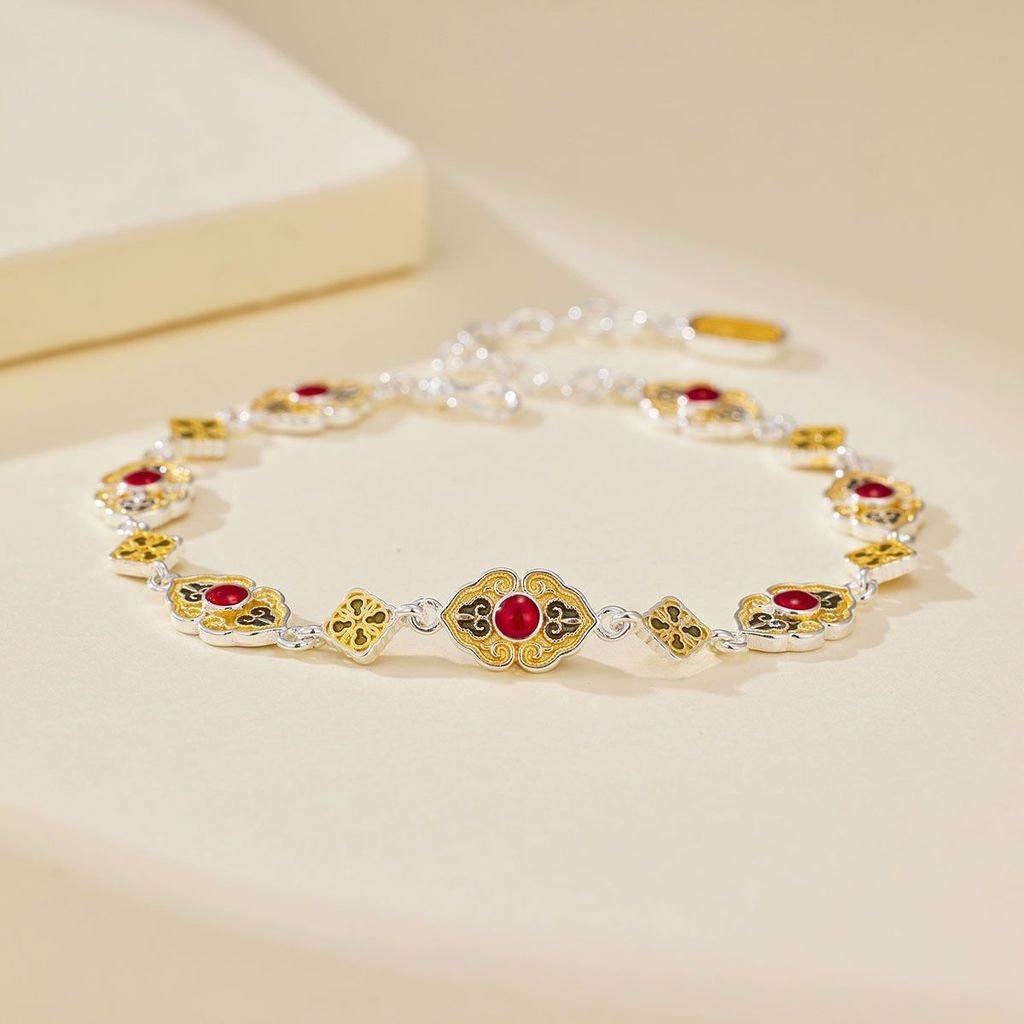 Perhiasan perak murni 9999, gelang gaya nasional, perhiasan berwarna enamel emas