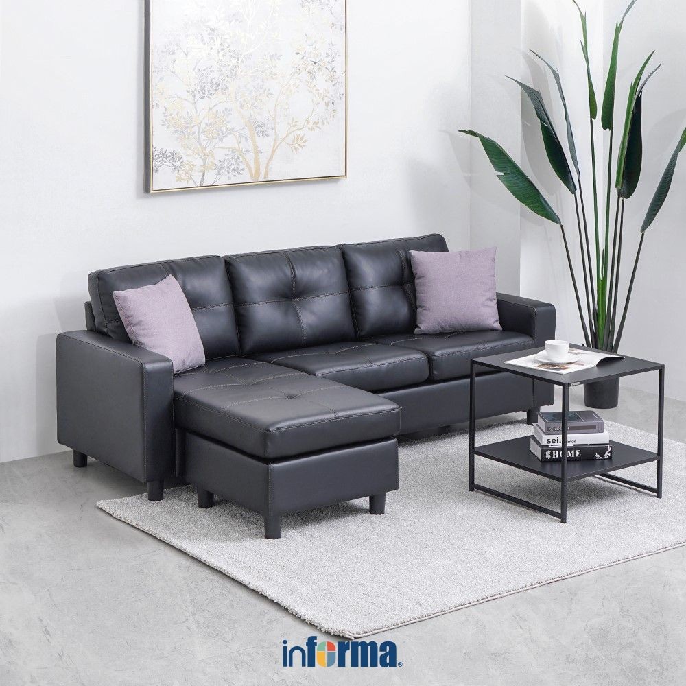 Informa Berwick Sofa L Sectional Kulit - Hitam Tempat Duduk Empuk Sofa Bentuk L Furniture Indoor Rum