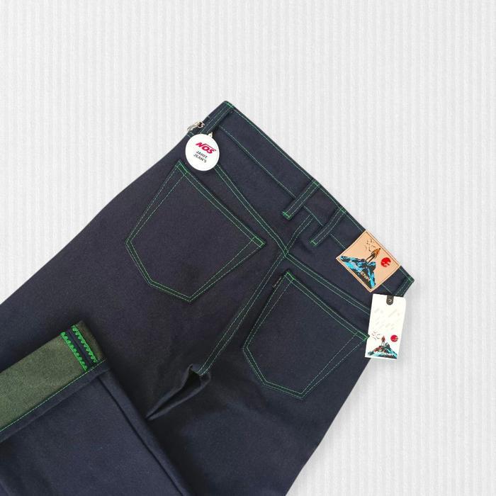 RAW DENIM GRAMASI 15 Oz, MIZUNO WAFT GREEN SANFORIZED Celana  Jeans Pria Panjang Slim Fit Straight D