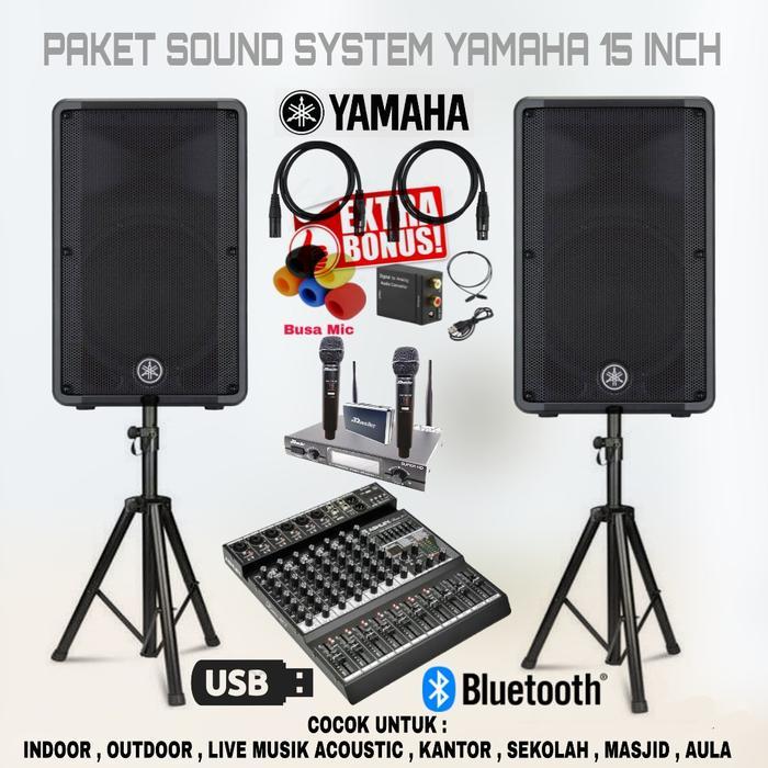 PAKET SOUND SYSTEM SPEAKER YAMAHA DBR 15 INCH AKTIF MIXER 8 CHANNEL USB BLUETOOTH MIC WIRELESS ORIGI