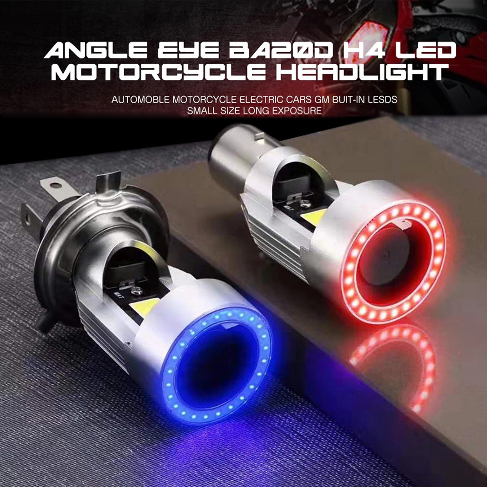 YSY Lampu Depan Motor LED Angel Eye Biru/Merah H4 Ba20d HS1 H6 Lampu Depan Skuter Motor Aksesoris DR