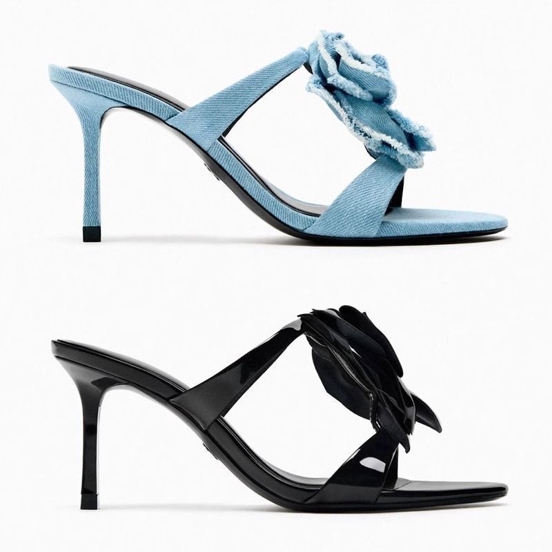 [COD]Sandal hak tinggi motif bunga denim biru untuk wanita, sandal terbuka modis.