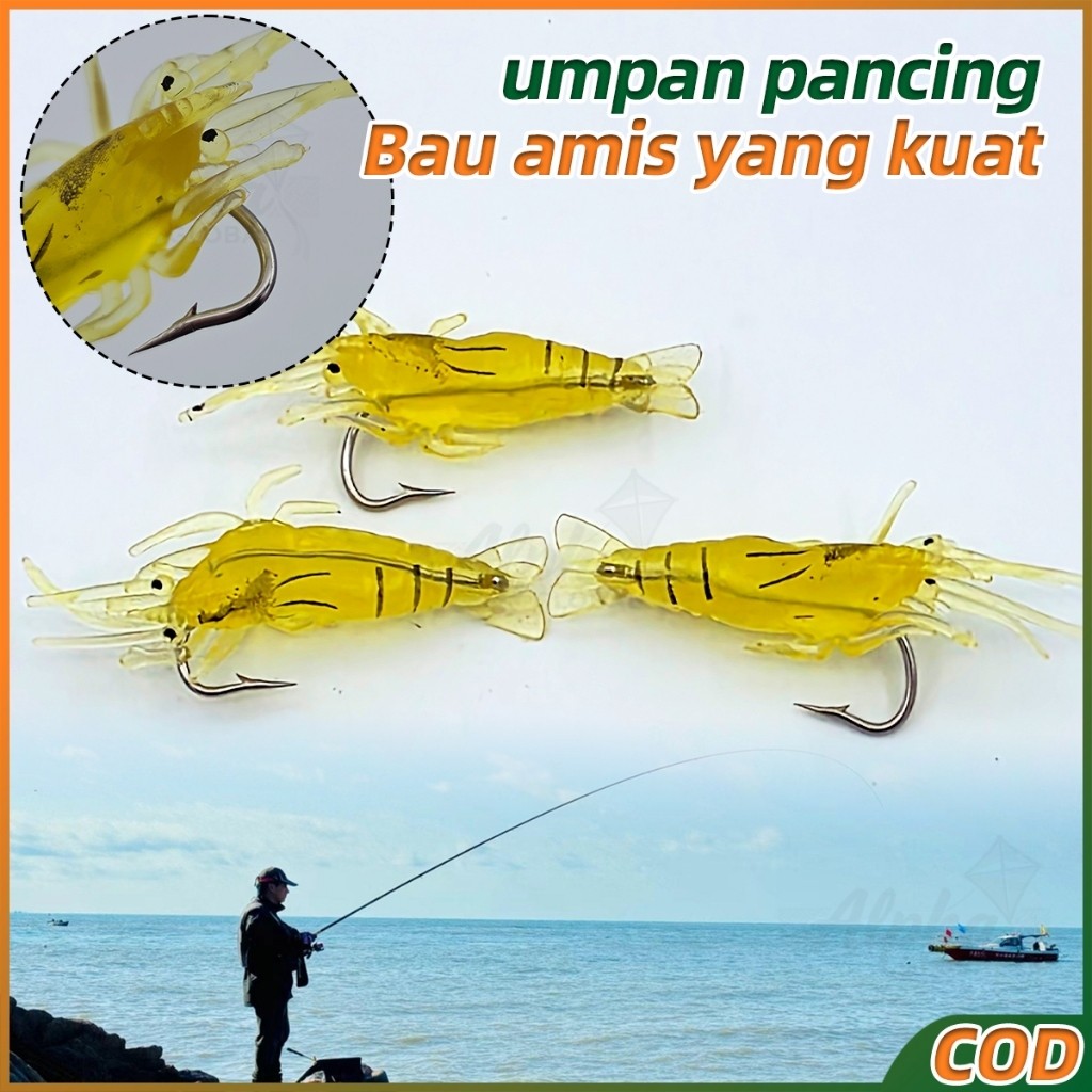10Pcs Umpan Pancing Udang Tiruan 5cm PVC Bercahaya Kail Stainless Bau Amis Kuat Tarik Ikan Kakap Air