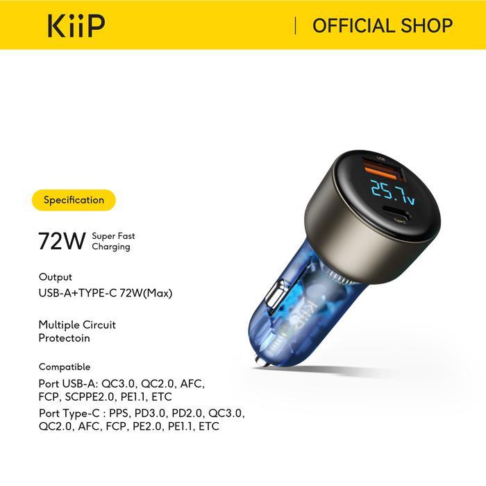 (Copper House) KiiP H16 Car Charger Mobil 72W Type-C+USB Fast Charging - Biru
