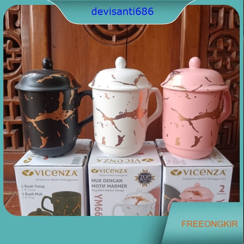 Gelas Mug Vicenza Tutup Motif Marble 3 Warna