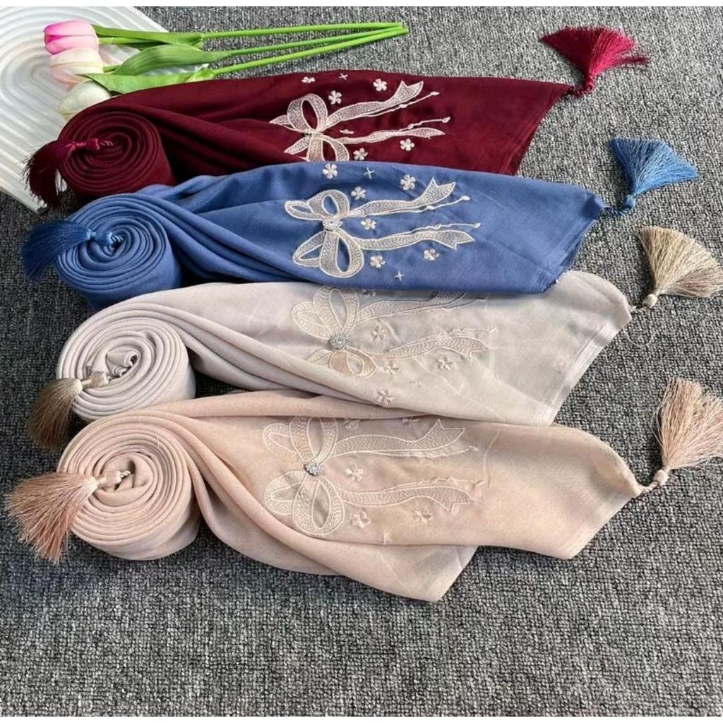Jilbab Segi Empat Paris Coquete Tasel Bordir Pita Bintang I Kerudung Paris Jadul Coquette Pita Tasel