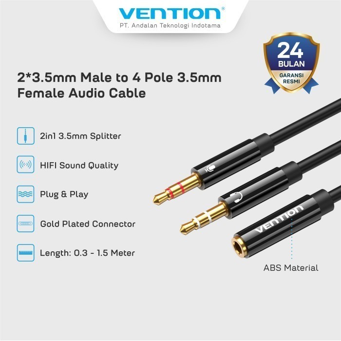 Vention Kabel Jack Audio Splitter Cable Aux 3.5mm Female TRRS to 2 Male TRS Cable Audio/Mic High Qua