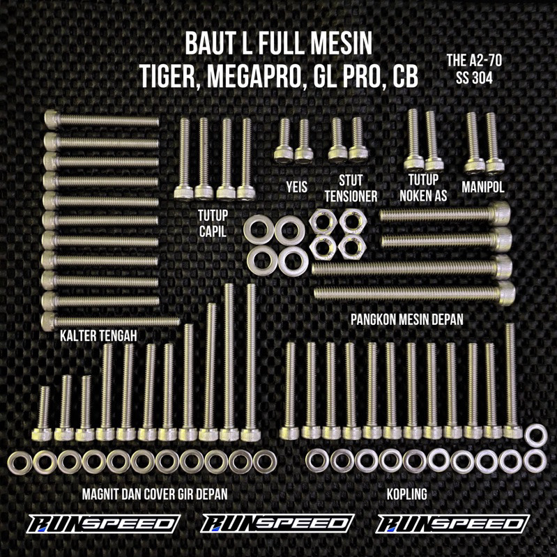 BAUT L FULL MESIN STAINLESS CB GL MEGAPRO TIGER THE A2-70 BAUT TIGER SET BAUT L TIGER STAINLESS